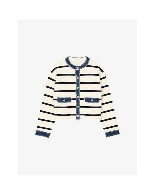 Sandro White Denim-Trim Stripe-Pattern Knitted Cardigan