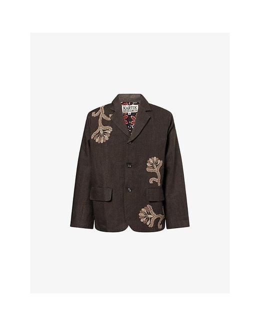 Kartik Research Brown Herringbone Embroidered Single-Breasted Linen Jacket for men