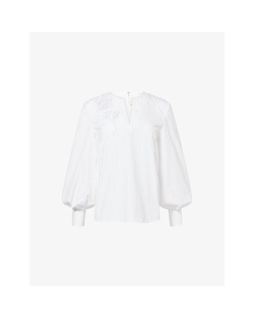 Huishan Zhang White Matis Floral-Embroidered Cotton-Blend Top