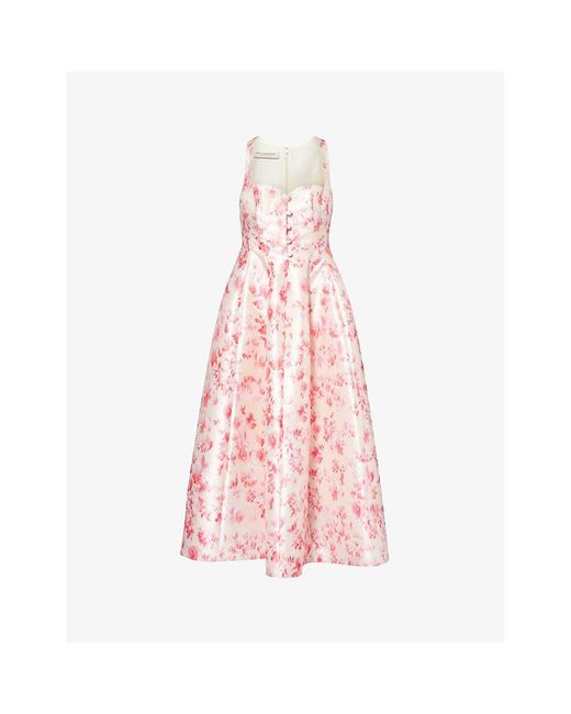 Philosophy Di Lorenzo Serafini Pink Floral-print Sweetheart-neck Woven Midi Dress