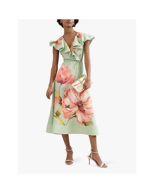 Phase Eight Green Matilda Floral-Print Linen-Blend Midi Dress