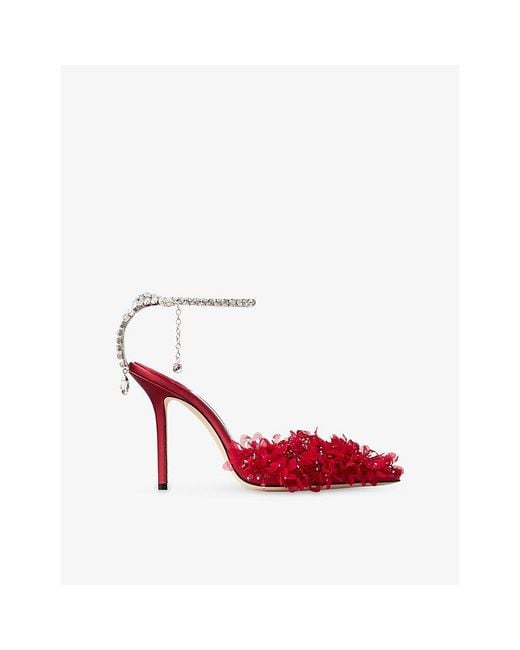 Jimmy Choo Red Saeda 100 Satin And Mesh Pumps