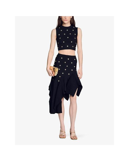 Sandro Black Asymmetric Studded Knitted Mini Skirt