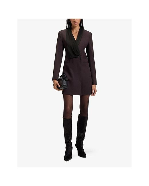 Boss Blue Tuxedo-Style Contrast-Lapel Wool Mini Dress