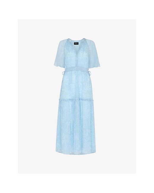 Whistles Blue Gathered Leaves Print Woven Midi Dress