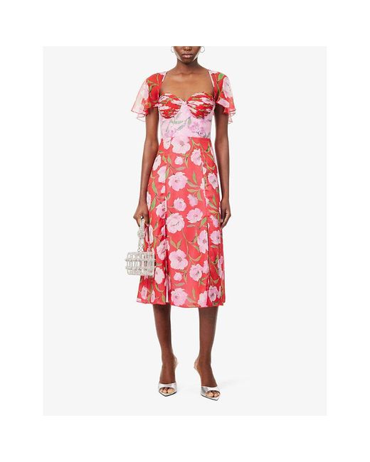 ROTATE BIRGER CHRISTENSEN Red Floral-print Sweetheart-neck Stretch Recycled-polyester Midi Dress