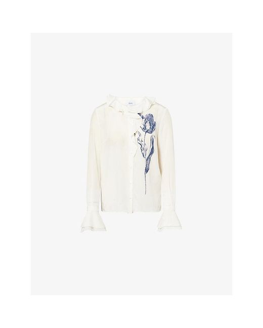 Erdem White Floral-Print Ruffled Silk Shirt