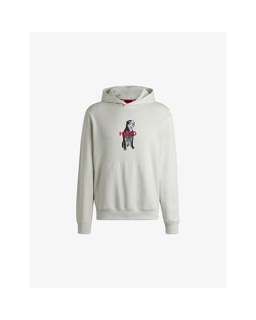 HUGO White Animal-Graphic Regular-Fit Cotton-Jersey Hoody for men