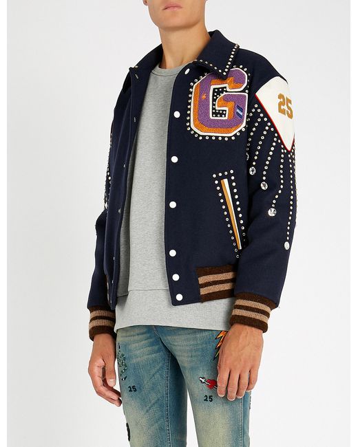 Gucci Blue Appliquéd Wool Varsity Jacket for men