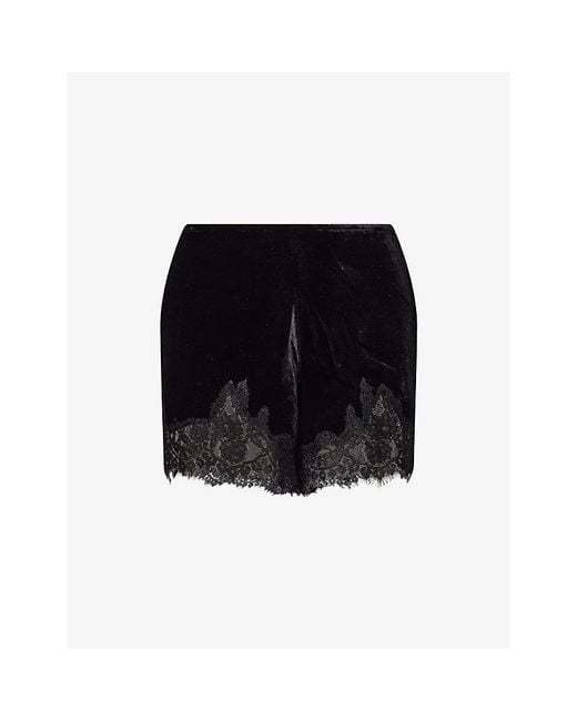 Reformation Black Fern Lace-Trim Velvet Shorts
