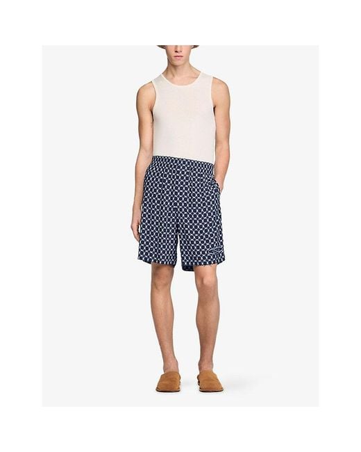 Sandro Blue Graphic-Print Elasticated-Waist Woven Shorts for men