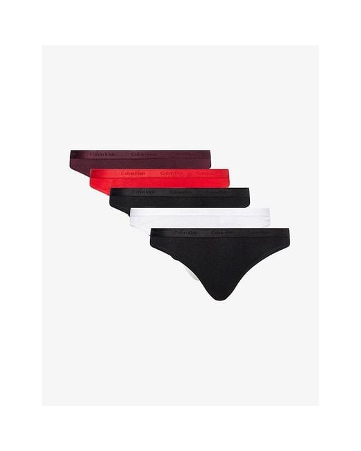 Calvin Klein Red Icon Logo-Waistband Pack Of Five Stretch-Cotton Thongs