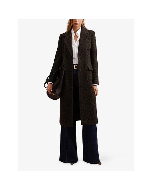 Reiss Black Kai Houndstooth Single-Breasted Wool-Blend Coat