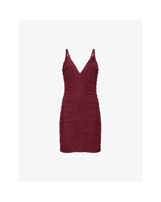 Hervé Léger Red Andrea Ruched Stretch-Mesh Mini Dress