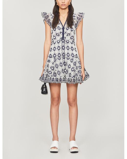 Sandro Blue Floral-print Cotton-blend Mini Dress