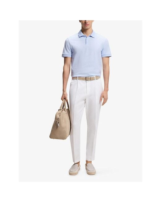 Boss Blue Short-Sleeved Textured Cotton Polo Shirt for men
