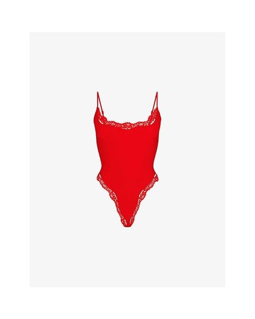 Skims Red Fits Everybody Lace Cami Jersey Bodysuit