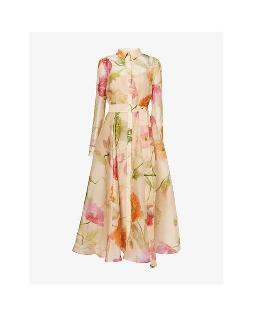 Carolina Herrera Multicolor Poppy-Print Belted Silk-Organza Midi Trench Dress