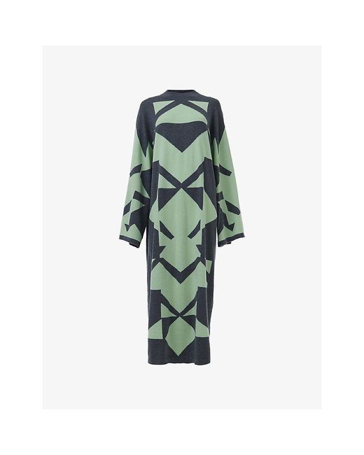 eem Green Geometric-Intarsia Knitted Modal And Wool-Blend Kaftan Dress