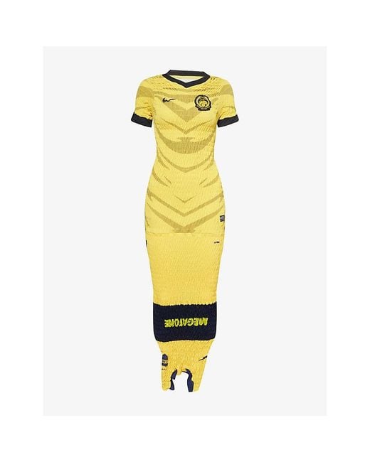 Conner Ives Yellow Reconstitued Shirred Football Woven Maxi Dress