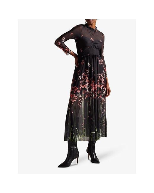 Ted Baker Black Susenaa Ruffle-neck Floral-print Stretch-mesh Midaxi Dress