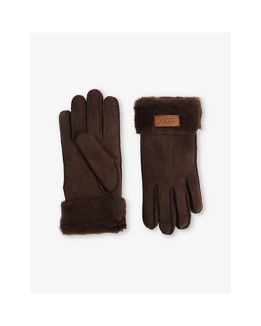 Ugg Brown Brand-Patch Leather Gloves