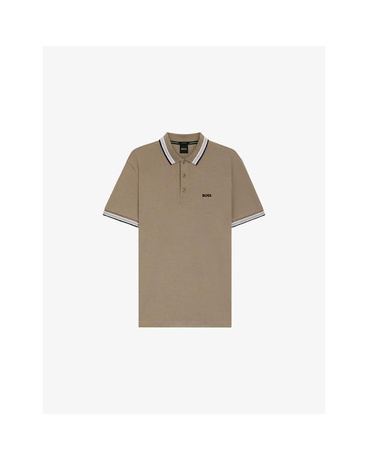 Boss Natural Brand-Embroidered Striped-Trim Cotton-Piqué Polo Shirt for men