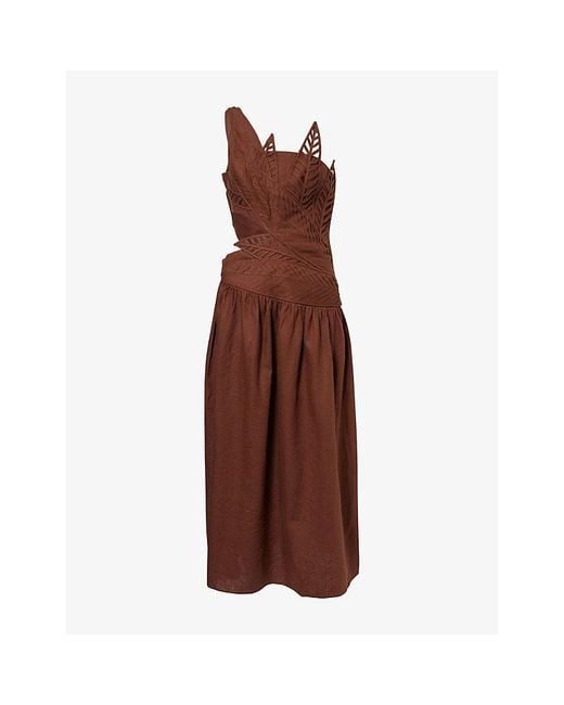 FARM Rio Leaves Cut-Out Linen-Blend Midi Dress in Brown | Lyst