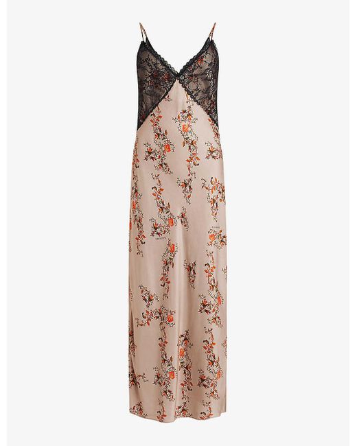 AllSaints Natural Immy Floral-print Stretch-satin Midi Slip Dress
