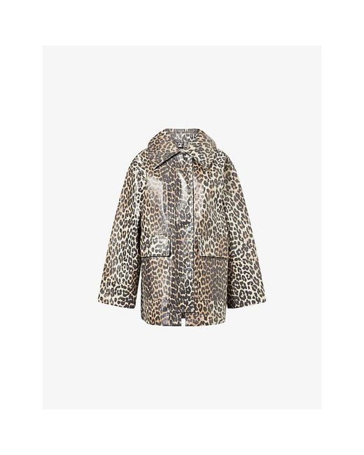 Ganni Gray Laminated Leopard-Print Cotton-Blend Jacket
