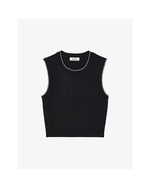 Sandro Black Faux Pearl-embellished Sleeveless Stretch-woven Jumper