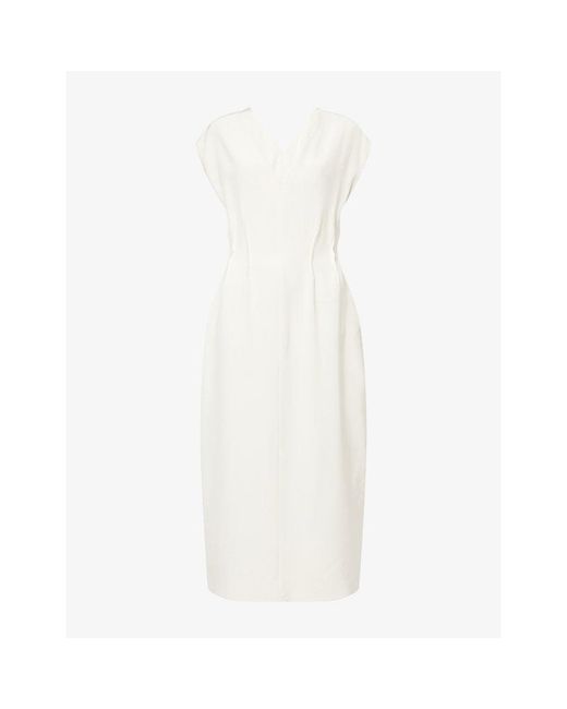 The Dropped Collection White Kimono Double V-Neck Silk Midi Dress
