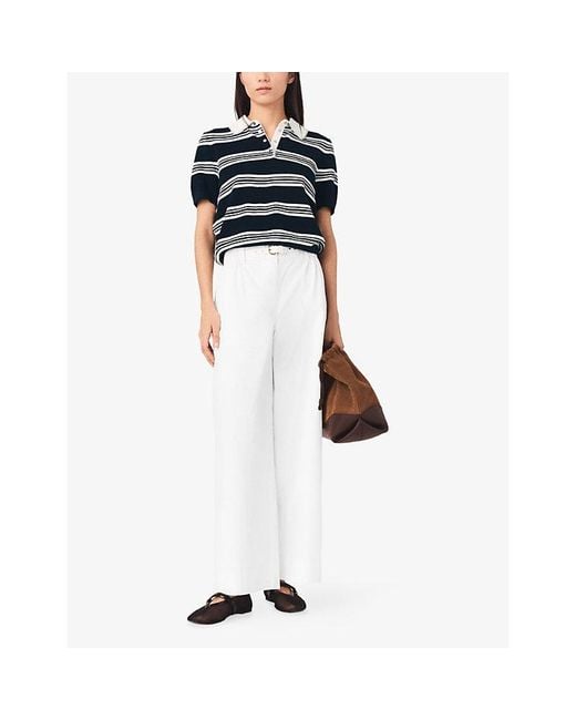 Maje White Paperbag-Waist Wide-Leg Cotton Trousers