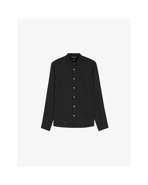 Boss Black Spread-Collar Regular-Fit Linen Shirt for men