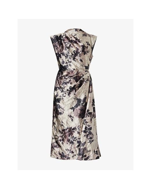 Erdem Multicolor Floral-Print Draped Satin Midi Dress