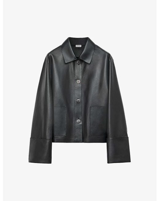 Loewe Black Turn Up Collared Leather Jacket