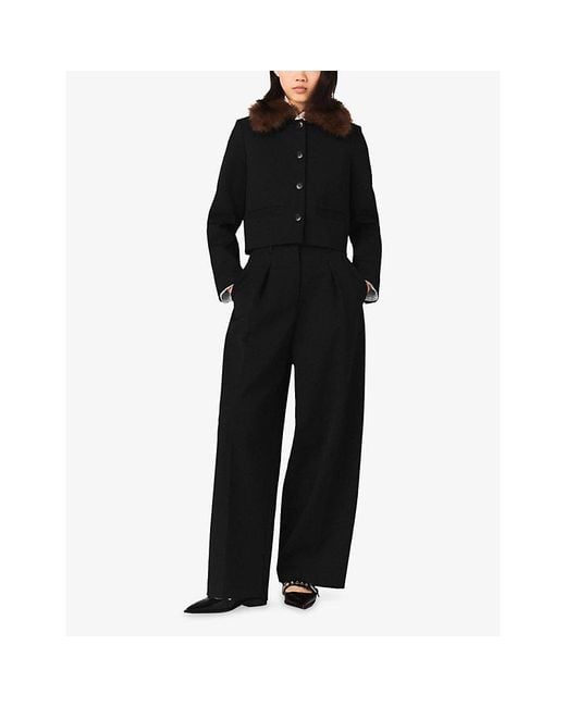Maje Black Short Removable-Collar Stretch Wool-Blend Jacket