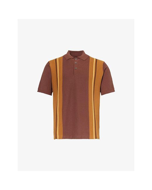 Beams Plus Brown Striped Regular-fit Cotton Knitted Polo Shirt X for men