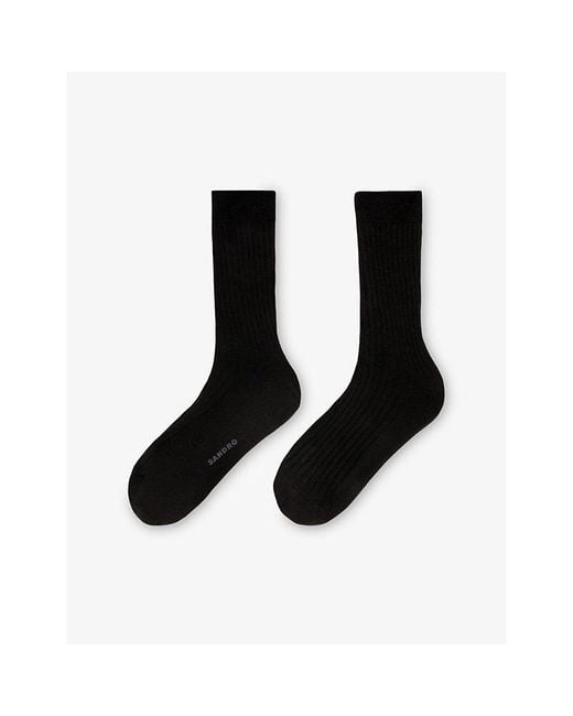 Sandro Black Ribbed Logo-Print Silk-Blend Socks for men