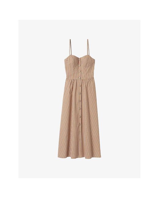 Claudie Pierlot Natural Stripe-Print Button-Up Cotton-Blend Maxi Dress