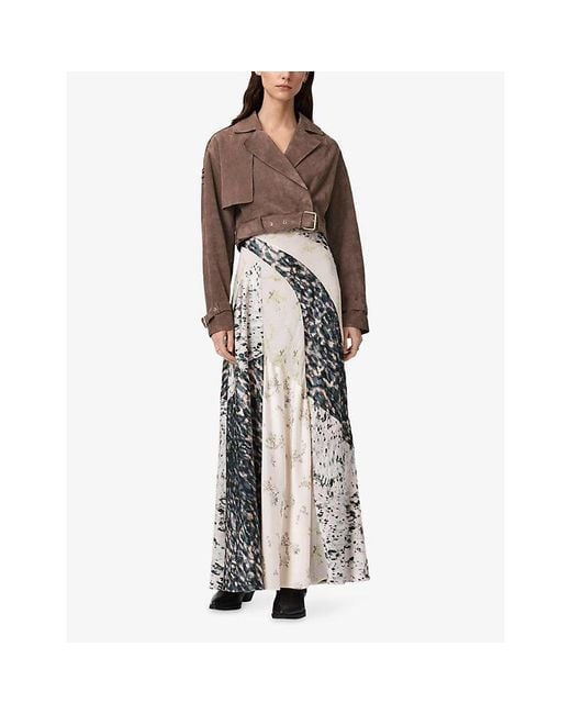 AllSaints Brown Ophelia Dropped-Shoulder Belted-Waist Suede Jacket