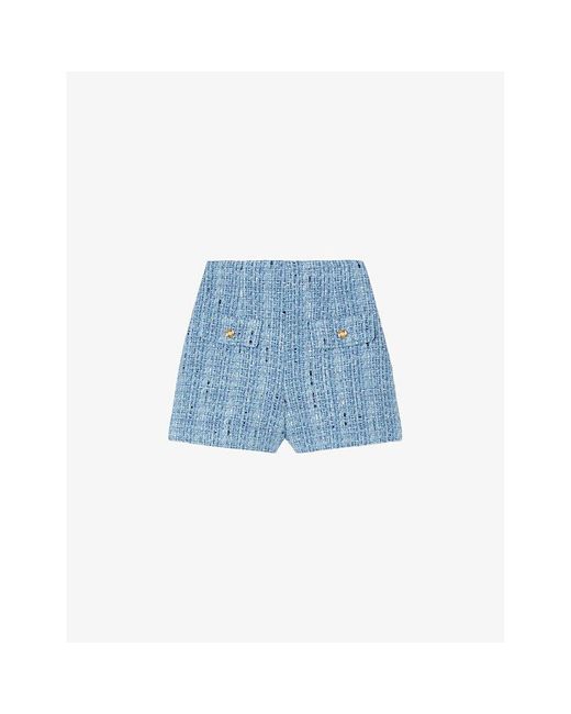 Sandro Blue Button-embellished High-rise Tweed Shorts