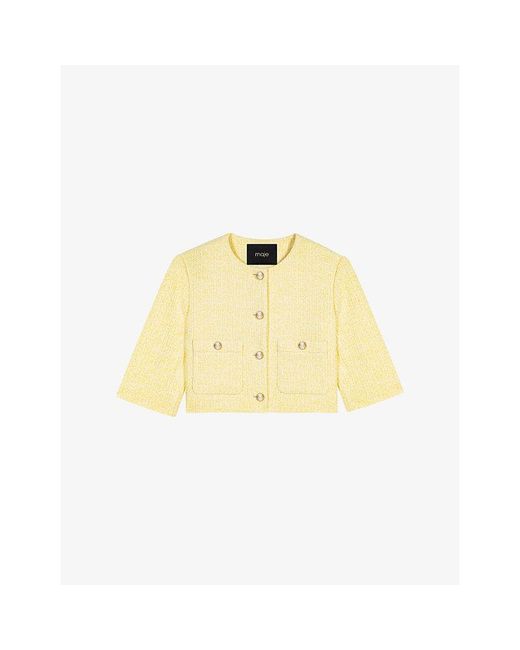 Maje Yellow Round-Neck Short Sleeve Tweed Jacket