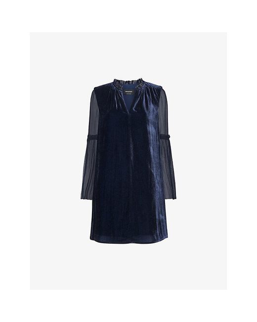 Whistles Blue Frill-Neck Sheer-Sleeve Velvet Mini Dress