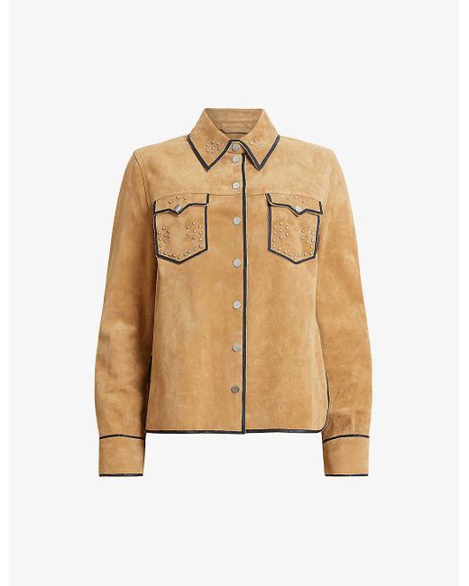 AllSaints Natural Karlson Lea Stud-embellished Relaxed-fit Suede Shirt
