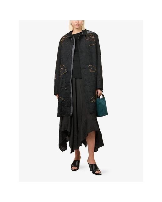 By Walid Black Duster Embroidered Wool-And-Silk Coat