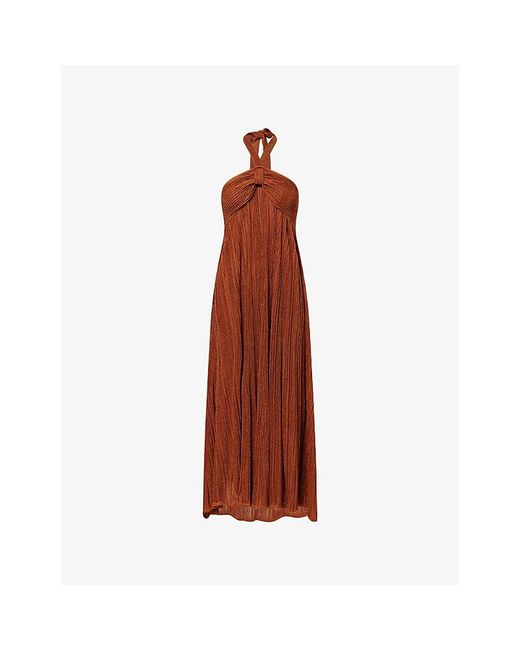 Zimmermann Red Indra Halterneck Metallic-Knit Maxi Dress