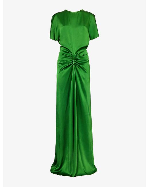 Victoria Beckham Green Round-neck Ruched Satin Maxi Dress
