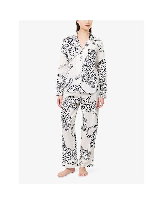Desmond & Dempsey White Printed Regular-Fit Cotton-Poplin Pyjama Set