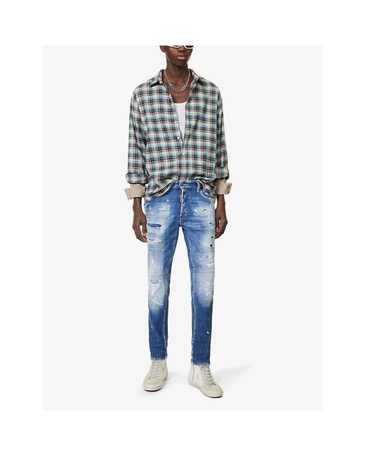 DSquared² Blue Distressed Tapered-leg Slim-fit Stretch-denim Jeans for men